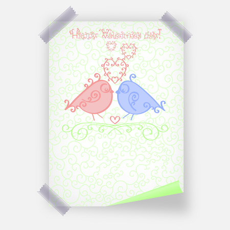 Happy Valentine Day poster template or Valentines Day greetings card or banner design in fashionable soft green, blue and pink colors. Cartoon loving couple birds. Vector illustration.のイラスト素材