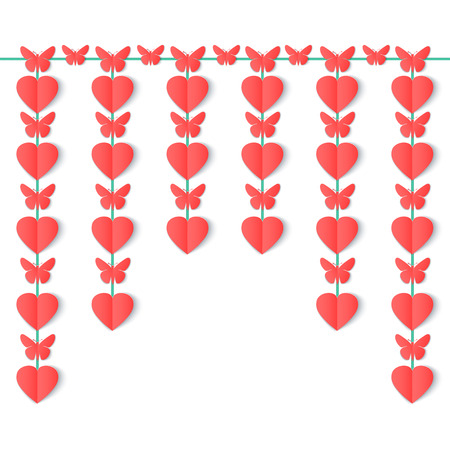 Vertical garland of paper hearts and butterflies isolated on white background. Vector illustration.のイラスト素材