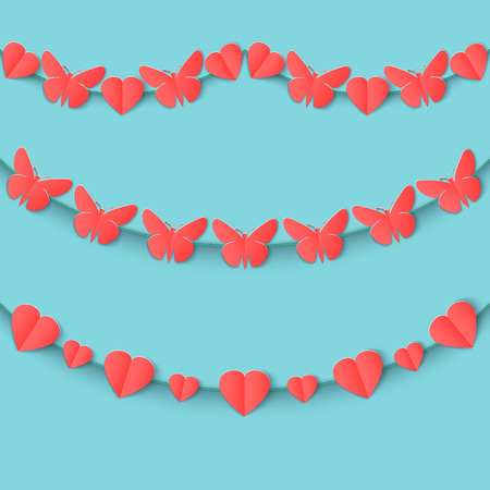 Set of seamless garlands of pink hearts and butterflies on a blue background. Vector illustration.のイラスト素材