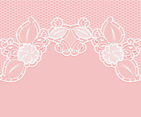 Lace pattern on a pink background. White flowers and leaves with an openwork mesh. Vector illustrationのイラスト素材
