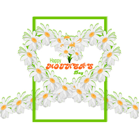 Happy Mothers Day background. Tape from daisies in form of heart and green frame on white background.Vector illustration.のイラスト素材
