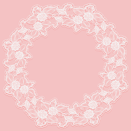 Template with white lace frame for card or invitation. Circular ornament of openwork flowers on a pink background.のイラスト素材