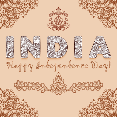 Background congratulation of India independence day with elements henna mehndi colors. Vector illustrationのイラスト素材
