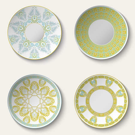 Set of decorative ceramic plates with ethnic pattern. Vector illustrationのイラスト素材