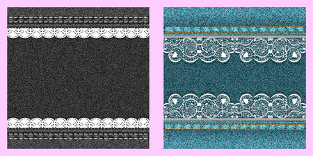 Set of two denim texture with lace. Vector illustrationのイラスト素材