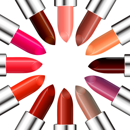 Circle of colorful lipstick with free space in the center for your text. Beauty and fashion background. Vector illustrationのイラスト素材
