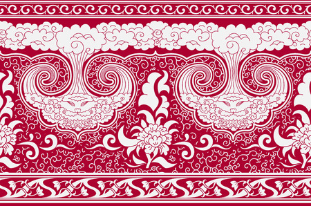 Horizontal seamless background. Imitation oriental art painting with flowers and clouds. As part of the three borders. Vector illustration.のイラスト素材