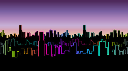 Seamless header of the city at night with versicolor neon color. Vivid glow of the contours of skyscrapers. Vector illustration.のイラスト素材
