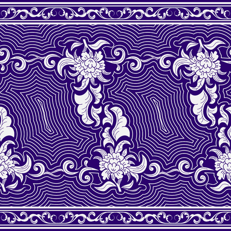 Seamless horizontal pattern on Tibetan motifs. Repeating blue borders in the Chinese style. Vector illustration.のイラスト素材