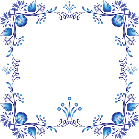 Square blue floral frame. Styling elements based on Chinese or Russian porcelain painting. Decorative element isolated on white background. Vector illustrationのイラスト素材