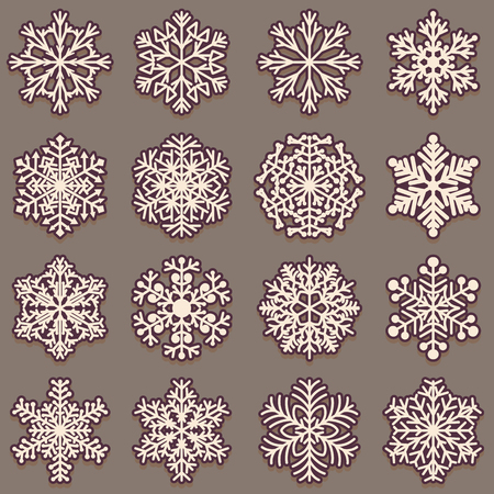 Collection of snowflakes with shadow. Set of pink elements for design on a dark background. Vector illustrationのイラスト素材