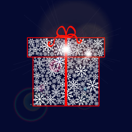 Gift box made of snowflakes with red ribbon and bow on dark blue background. Vector illustrationのイラスト素材