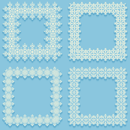 Set of frost frames from snowflakes. White cadres on blue background with shadow. Vector illustrationのイラスト素材