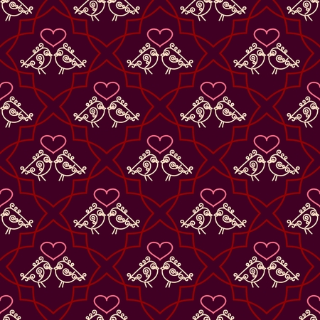 Valentines Day seamless pattern with couples birds and hearts. Trendy linear design of love symbols. Juicy rich background. Vector illustrationのイラスト素材