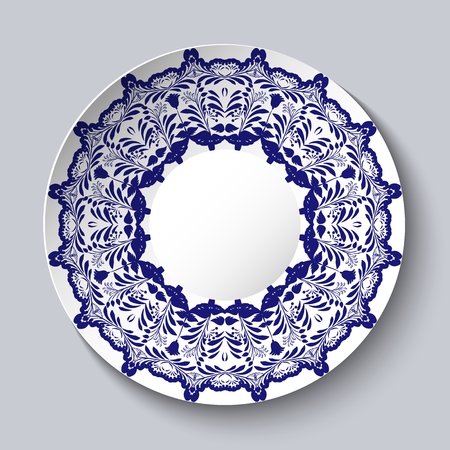 Decorative ceramic plate with a blue floral pattern. Vector illustrationのイラスト素材
