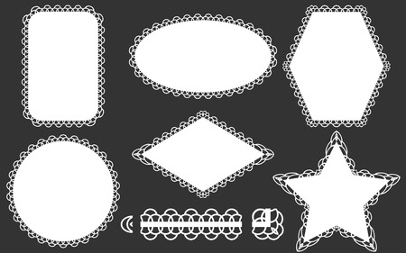 Set of lace frames doily and ribbon brush. White elements isolated on a gray background.のイラスト素材