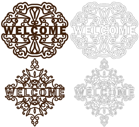 Set of Welcome plastic or paper plate. Template laser cutting machine for wood and metal. Openwork Welcome phrase for your design. Vector illustration.のイラスト素材