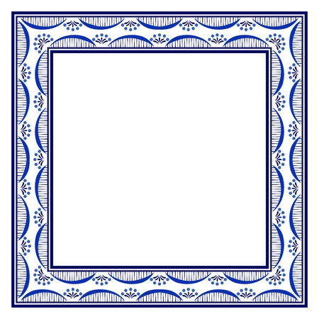 Ornate frame in boho style, tribal beads, hand drawn ethnic element. Wave line, blue gzhel style. Vector illustrationのイラスト素材