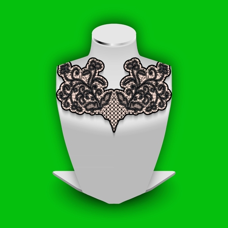 Stand dummy with demonstration lace flower element. Black tracery pattern on realistic white mannequin Vector Illustrationのイラスト素材