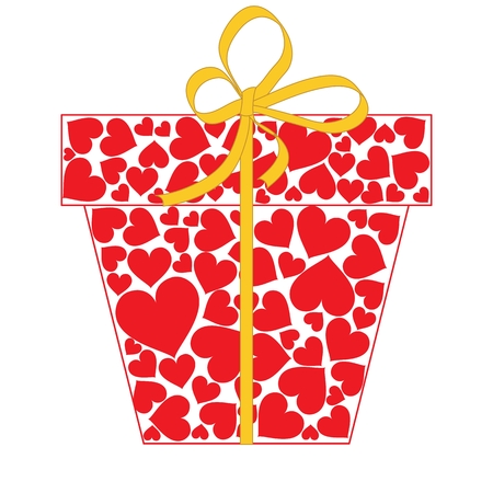 Gift box with bow made of red hearts isolated on white background. Valentines day concept to give love. Vector illustration.のイラスト素材