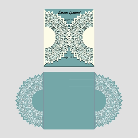 Laser cut paper lace folding card with mandala element. Cutting template for wedding invitation or card designs. Vector illustrationのイラスト素材