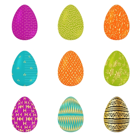 Set of colorful realistic easter eggs decorated golden stripes, dots and flowers. Vector illustrationのイラスト素材