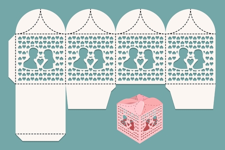 Box for wedding gifts for guests and newlywed. Cutting pattern and view of the assembled box. Vector illustrationのイラスト素材