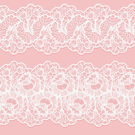 Set of lace seamless borders. White floral ribbons on pink background. Openwork element for design. Vector illustrationのイラスト素材