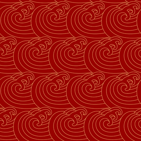 Chinese seamless pattern. Sea waves. Golden curls on a red background. Vector illustration.のイラスト素材