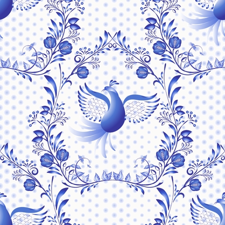 Blue seamless pattern. Floral background with birds and dots in the style of national porcelain painting. Vector illustrationのイラスト素材