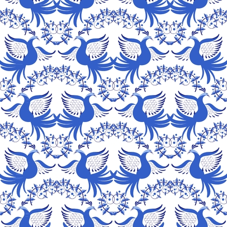 Blue seamless pattern. Background with flowers and birds in the style of national porcelain painting. Vector illustrationのイラスト素材