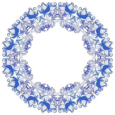 Blue Circular ornament with birds and flowers. Template design in ethnic style Gzhel porcelain painting. Vector illustrationのイラスト素材