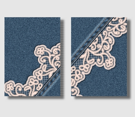 Advertising flyer design template with blue denim background and sewn floral ornamental lace. Can be used to design leaflets, brochure cover or banner. Vector illustrationのイラスト素材