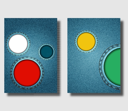 Advertising flyer design template with blue denim background and with round sewn jeans holes. Can be used to design leaflets, brochure cover or banner. Vector illustrationのイラスト素材