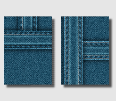 Advertising flyer design template with blue denim background and sewn jeans strips. Can be used to design leaflets, brochure cover or banner. Vector illustrationのイラスト素材