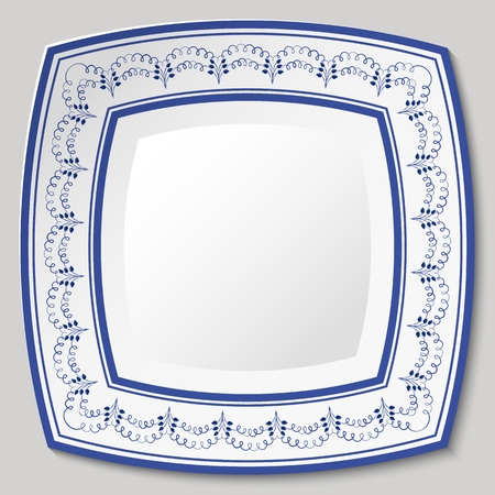 Decorative ceramic square dish with blue ethnic pattern in the style of ethnic painting on porcelain. Vector illustrationのイラスト素材
