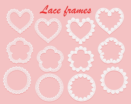 Set of white lace frames of various shapes. Ring, heart and flower. Openwork vintage elements isolated on a pink background. Vector illustration.のイラスト素材
