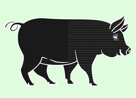Pig, Black piglet silhouette isolated on light background. Vector illustration.のイラスト素材