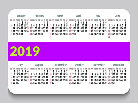 2019 pocket calendar in English. Template calendar grid. Horizontal orientation. Week starts on Sunday. White background. Vector illustration.のイラスト素材