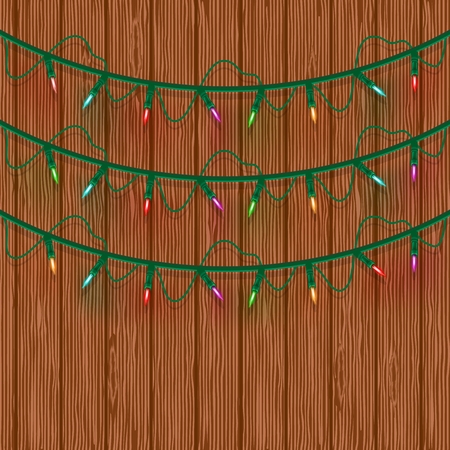 Glowing multicolored Christmas Lights Three lines on wooden background. Template for Xmas Holiday Greeting Cards Design. Vector illustrationのイラスト素材