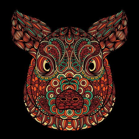 Colorful Ornamental head of pig or boar a symbol of new year 2019. Doodling art concept. Vector illustration.のイラスト素材