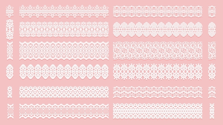 Set of lace pattern brushes. Tracery ribbons isolated on a pink background. Elements for decor scrapbooking wedding invitations and cards. Vector illustration.のイラスト素材