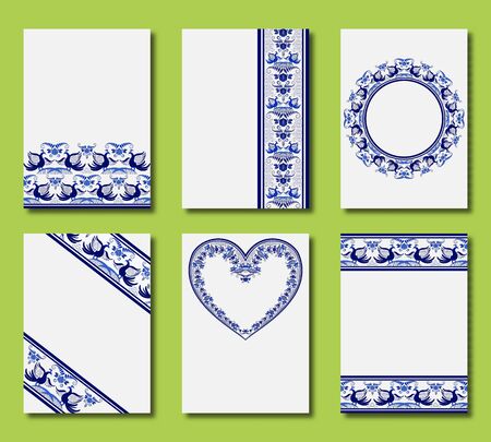 Wedding Invitation. Set of Thank you Card, rsvp, posters and modern card. Collection template Design Trendy blue ethnic patterns in style of national porcelain painting background. Vector illustrationのイラスト素材