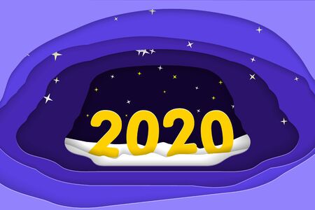 Paper art winter New Year 2020 creative idea concept design. Paper figures Snow sky with stars Modern origami design template. Cartoon blue waves in realistic trendy craft style. Vector illustrationのイラスト素材