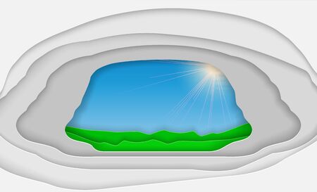 Paper art ecology and environment conservation creative idea concept design. Grass and sun Modern origami design template. Cartoon abstract waves in realistic trendy craft style. Vector illustrationのイラスト素材