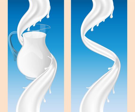 Glass jug and Milk or yogurt white swirl and on blue background, three dimentional milky vortex splashing realistic. Set of labels for milk and dairy. For various design needs. Vector illustrationのイラスト素材