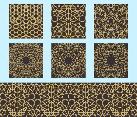 Set of Islamic seamless ornament, persian decor motiff. Ramadan islamic repeat pattern elements . Geometric circular ornamental arabic traditional decoration. Golden background. Vector illustrationのイラスト素材