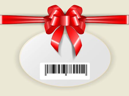 Oval Price tag template with abstract barcode with tied red bow and ribbon. Banner for special offer. Sale discount elements. Shopping discount promotion. Vector illustrationのイラスト素材