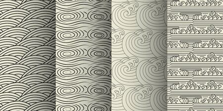 Sea waves and tide line seamless pattern background. Monochrome black and white backdrop in Chinese style. Hand drawing elegant design. Vector illustrationのイラスト素材