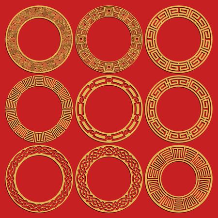 Round chinese frames set isolated on red background. Geometric circular oriental ornaments. Vector illustrationのイラスト素材